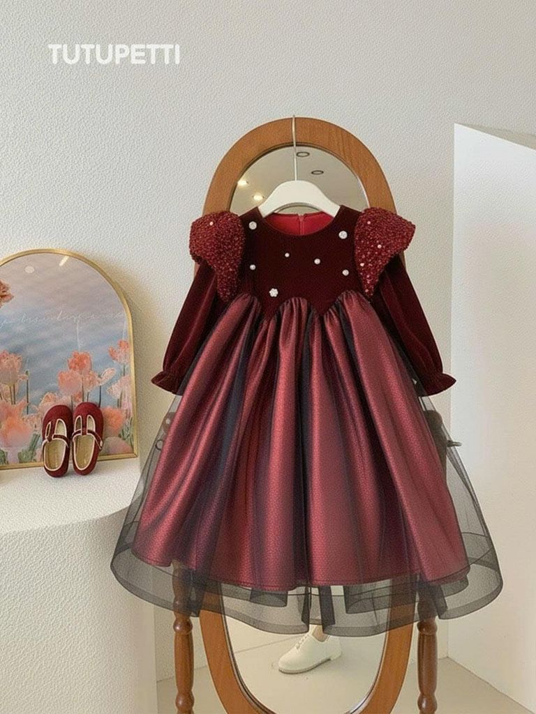  P25_248. Đầm Dạ Hội Tay Dài Nhung Đỏ 