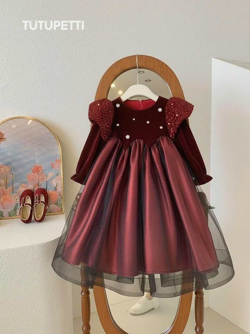  P25_248. Đầm Dạ Hội Tay Dài Nhung Đỏ 