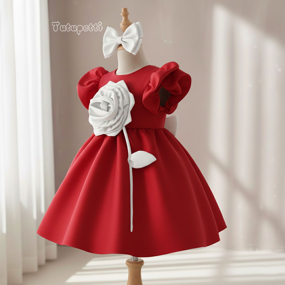  P24_325. Đầm Công Chúa Hoa Nổi Trắng Đỏ 