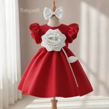  P24_325. Đầm Công Chúa Hoa Nổi Trắng Đỏ 