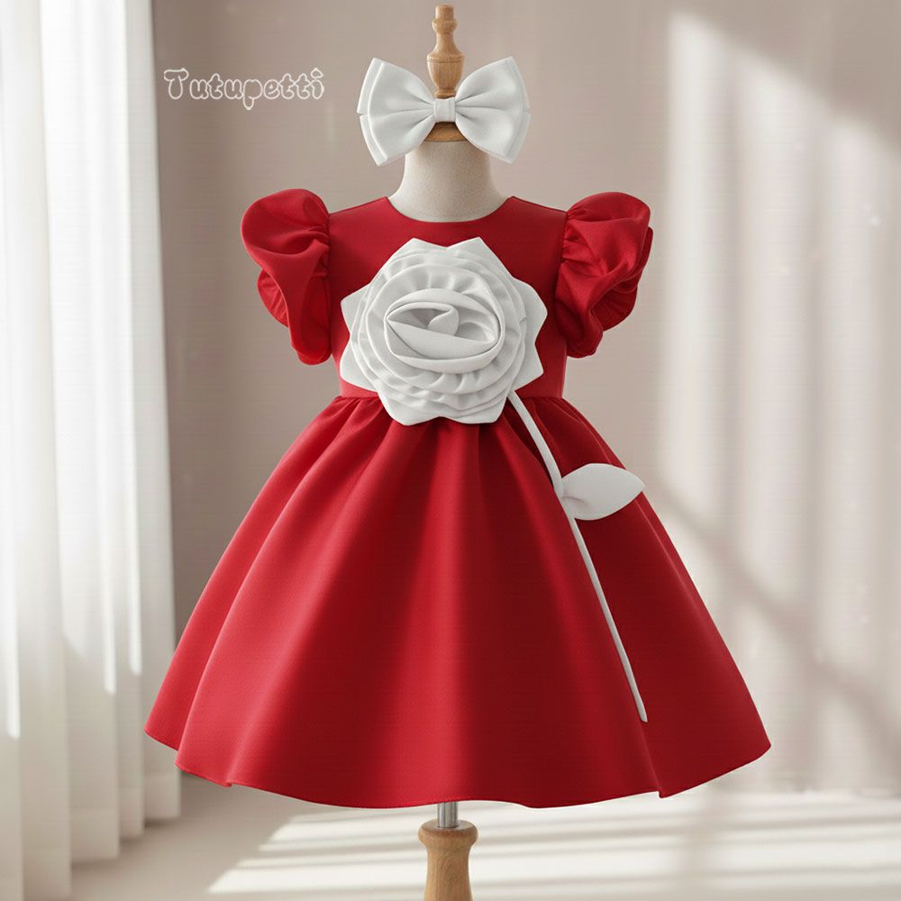  P24_325. Đầm Công Chúa Hoa Nổi Trắng Đỏ 