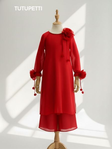  AD26_01. Áo Dài Tay Đính Hoa Đỏ 