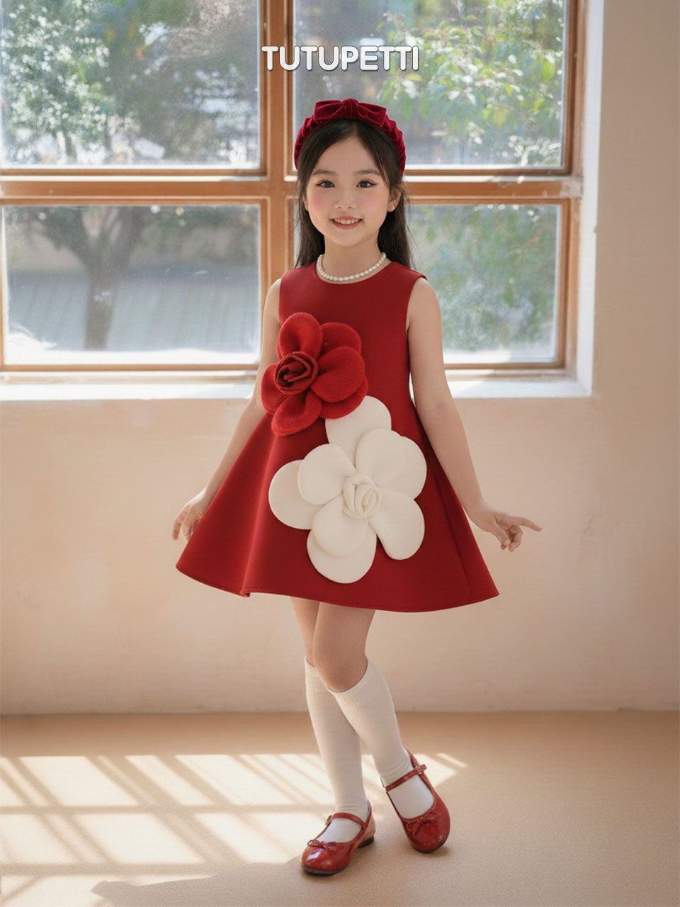  P25_252. Đầm Tiểu Thư Suông Hoa Đỏ 