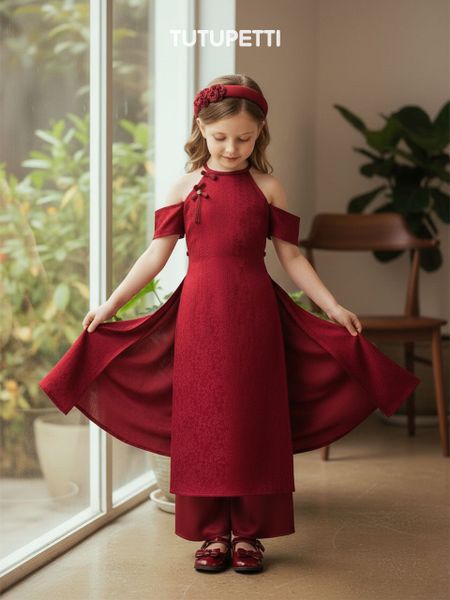  AD26_03. Áo Dài Cách Tân Gấm Yếm Đỏ 