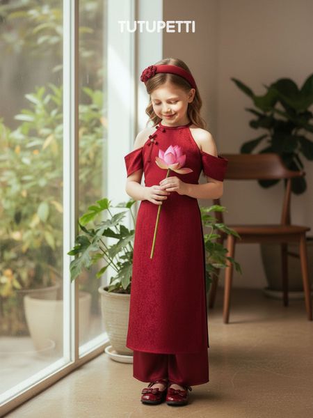  AD26_03. Áo Dài Cách Tân Gấm Yếm Đỏ 