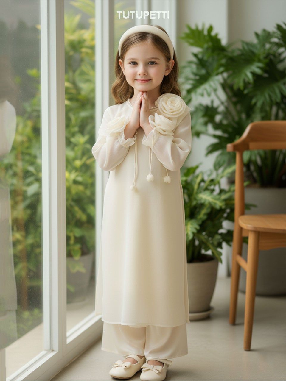  AD26_01. Áo Dài Tay Đính Hoa Kem 