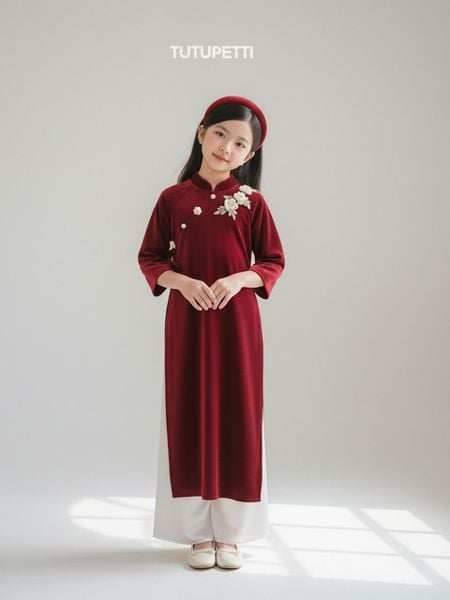  AD26_04. Áo Dài Nhung Đính Hoa Đỏ 