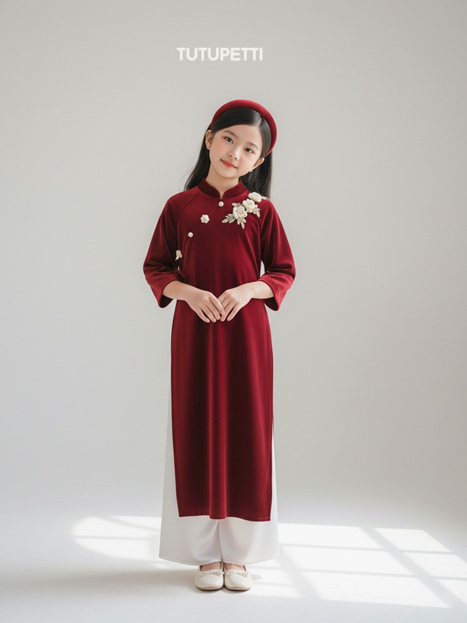  AD26_04. Áo Dài Nhung Đính Hoa Đỏ 