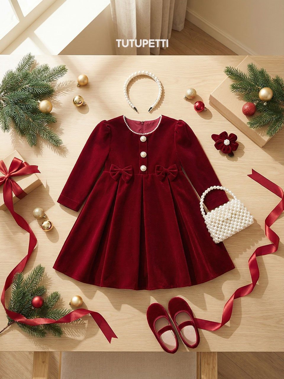  P25_265. Đầm Tay Dài Nhung Nơ Đỏ 