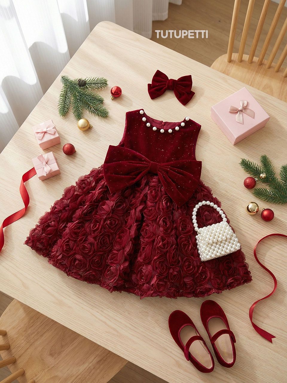  P25_266. Đầm Nhung Hoa 3D Nơ Đỏ 