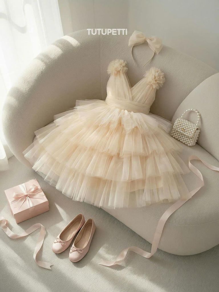  P25_269. Đầm Công Chúa Tầng Xòe Kem 