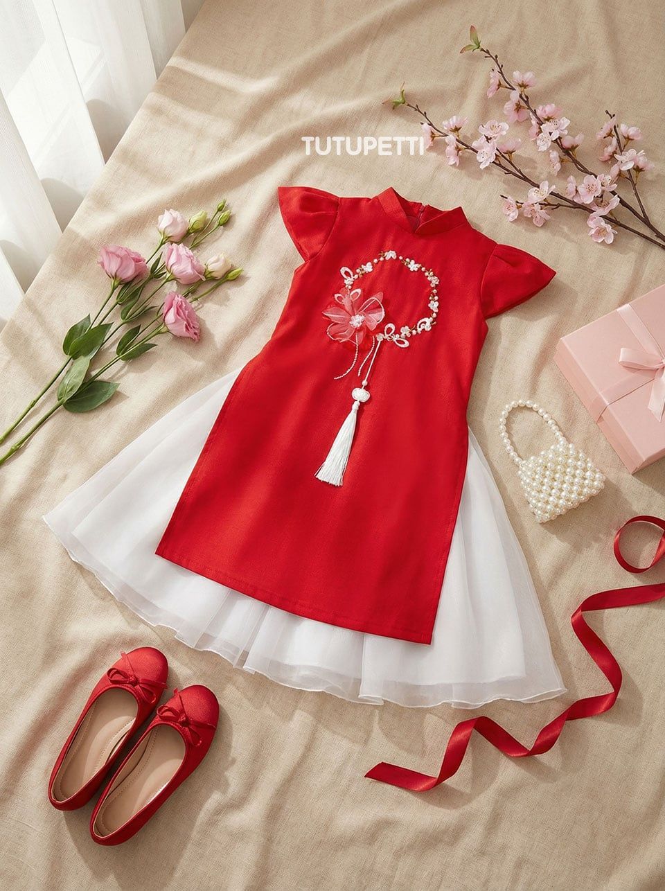  AD25_26. Áo Dài Đính Ngọc Trai Đỏ 