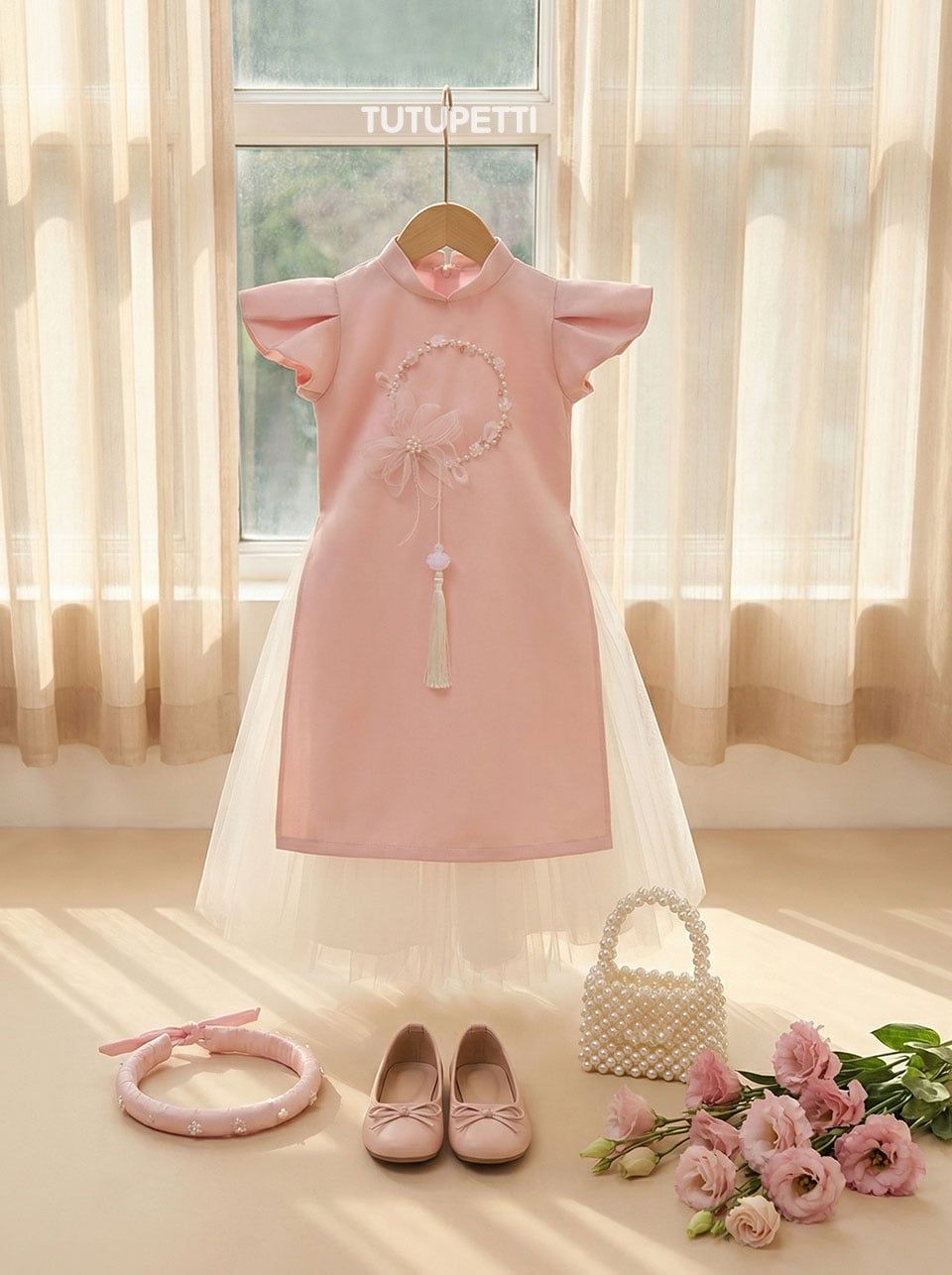  AD25_26. Áo Dài Đính Ngọc Trai Hồng 