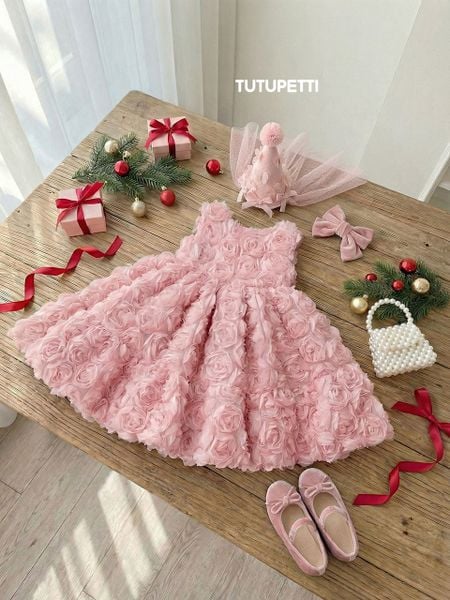  P25_273. Đầm Công Chúa Hoa 3D Hồng 