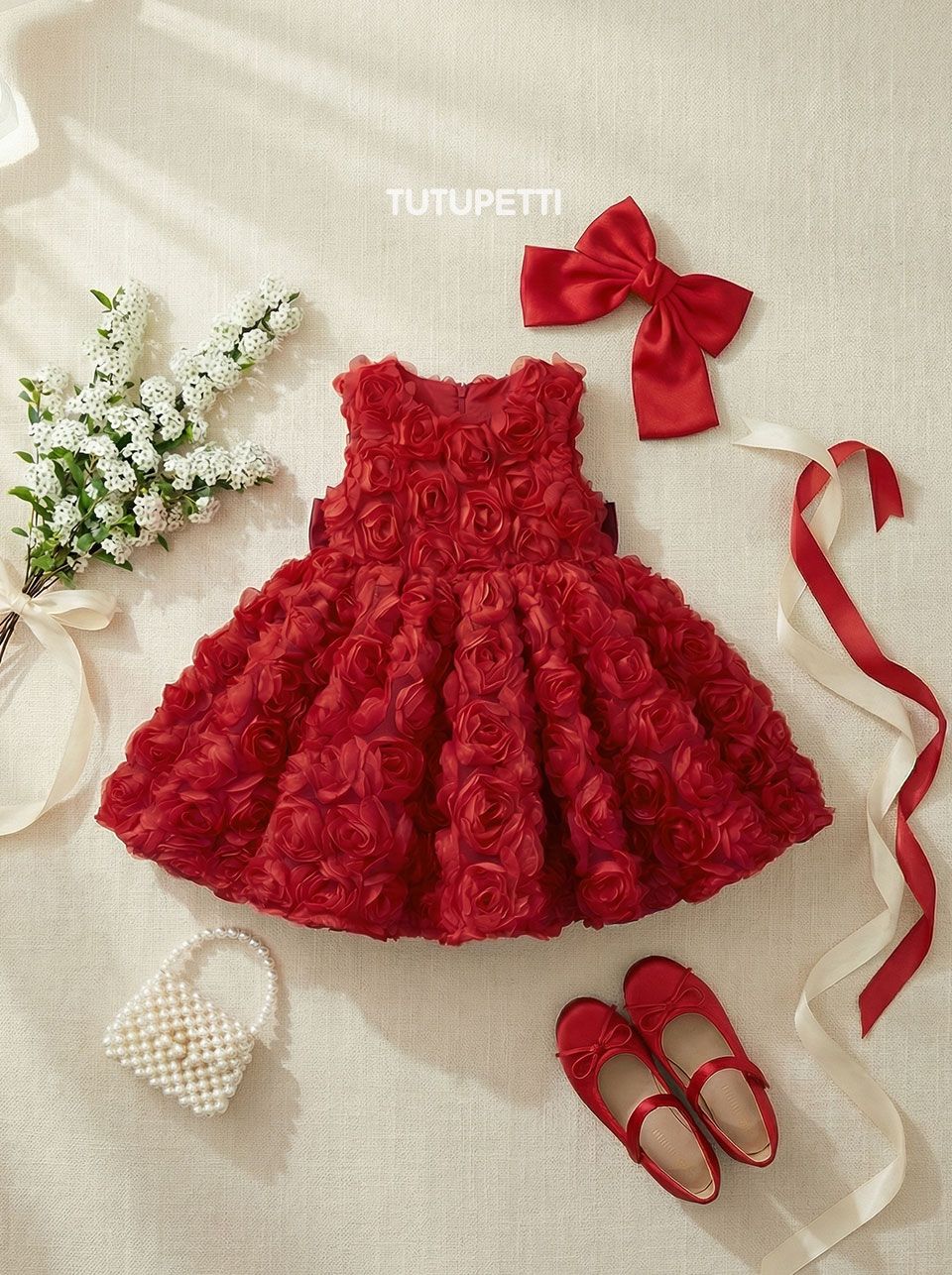  P25_273. Đầm Công Chúa Hoa 3D Đỏ 