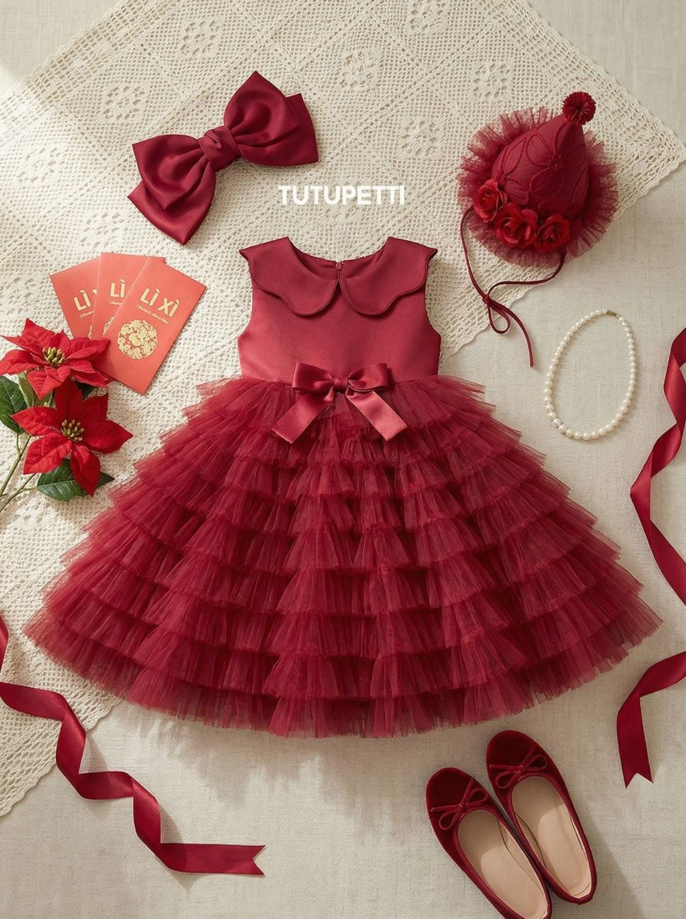  P25_191. Đầm Công Chúa Xếp Li Đỏ 