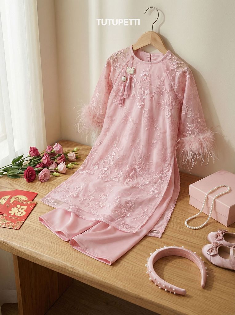  AD26_14. Áo Dài Thêu Hoa Tay Lông Vũ Hồng 