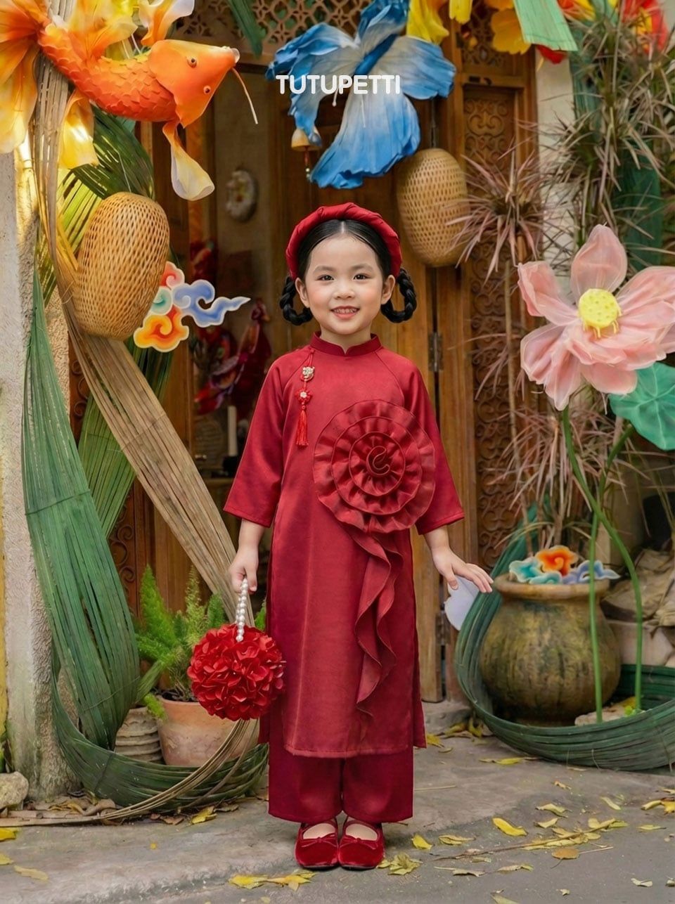  AD26_07. Áo Dài Cách Tân Đính Hoa Đỏ 