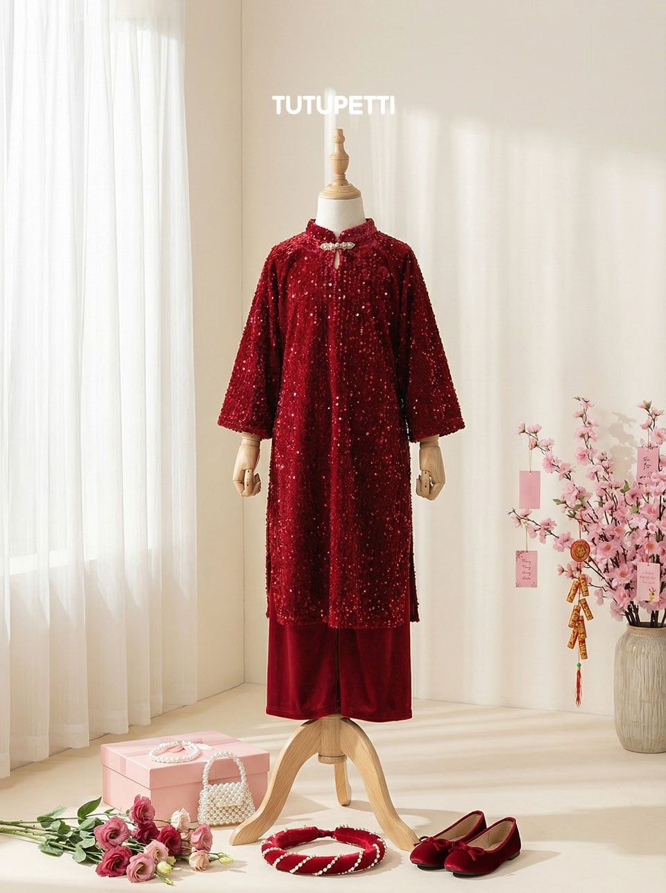  AD26_10. Áo Dài Nhung Kimsa Đỏ 