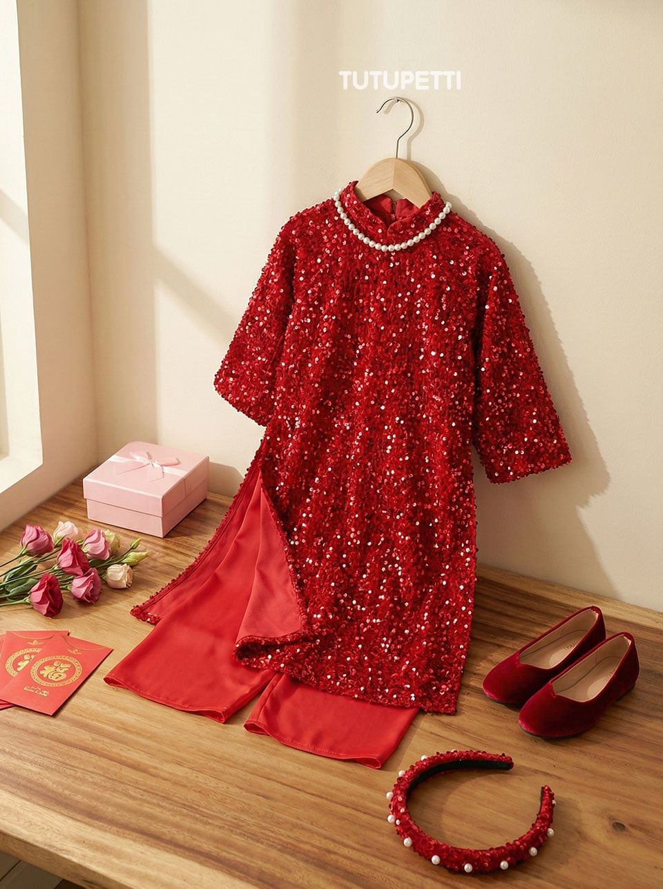  AD25_29. Áo Dài Nhung Kimsa Đỏ 