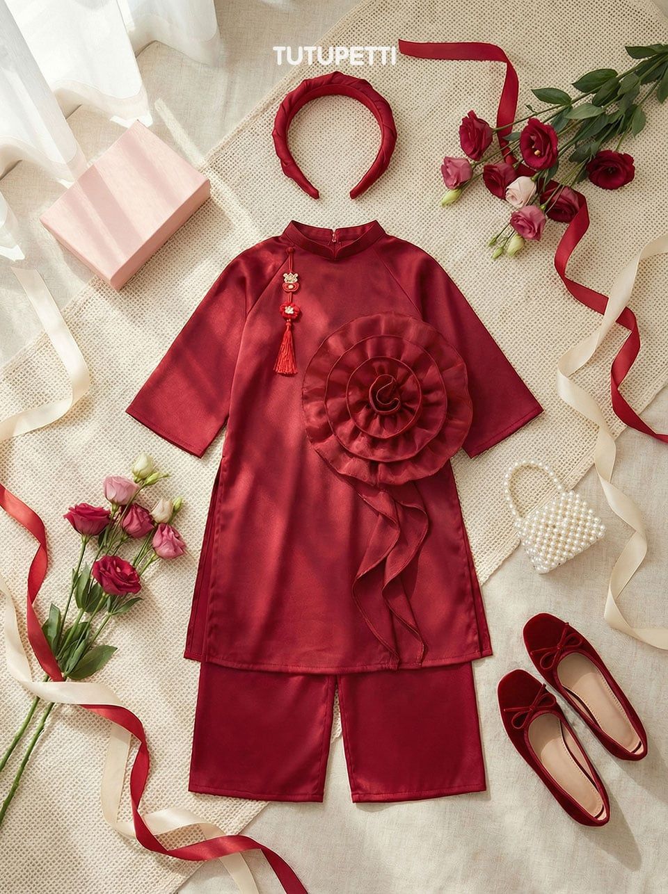  AD26_07. Áo Dài Cách Tân Đính Hoa Đỏ 