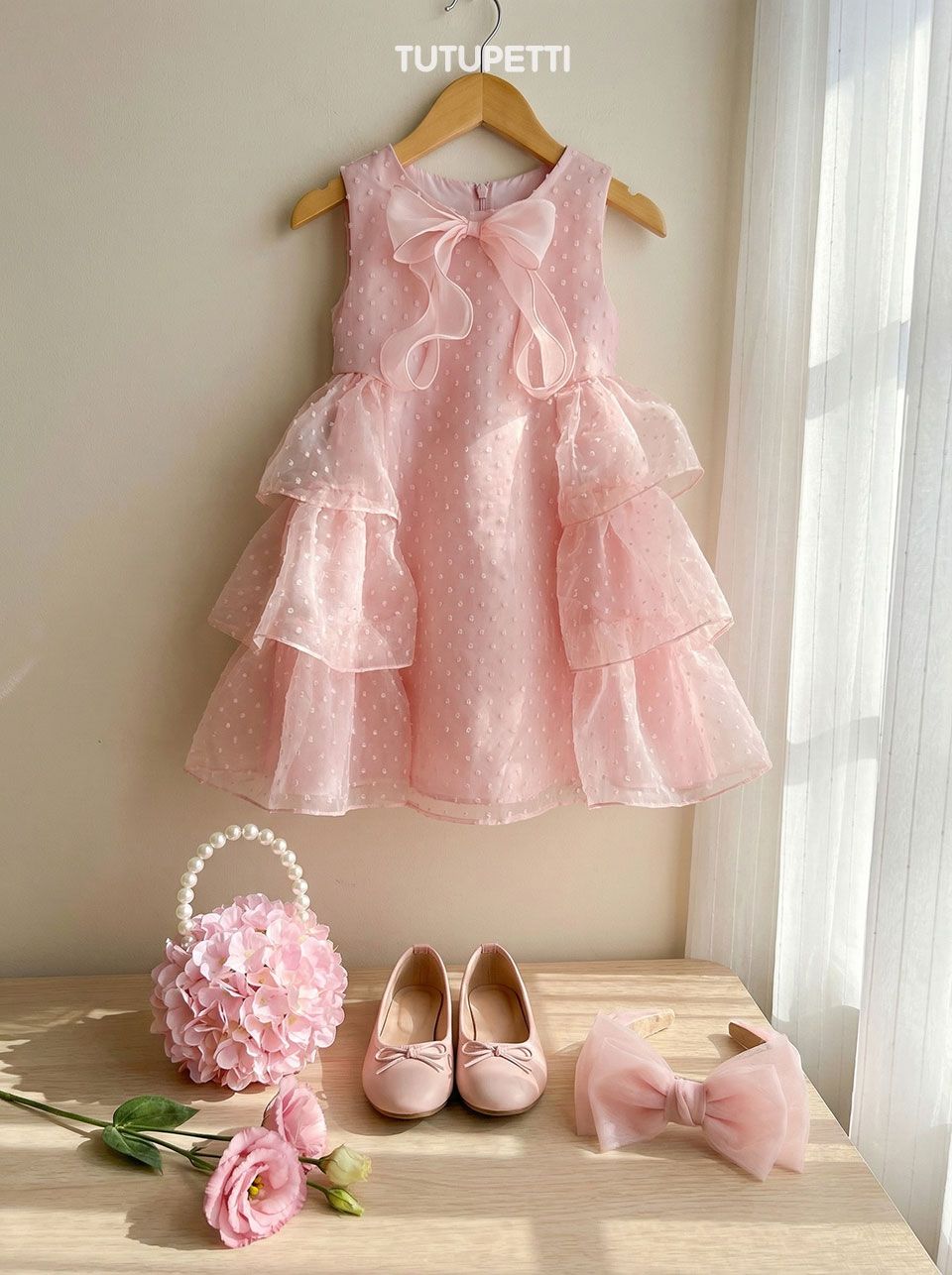  P25_278. Đầm Tiểu Thư Nơ Chấm Bi Hồng 