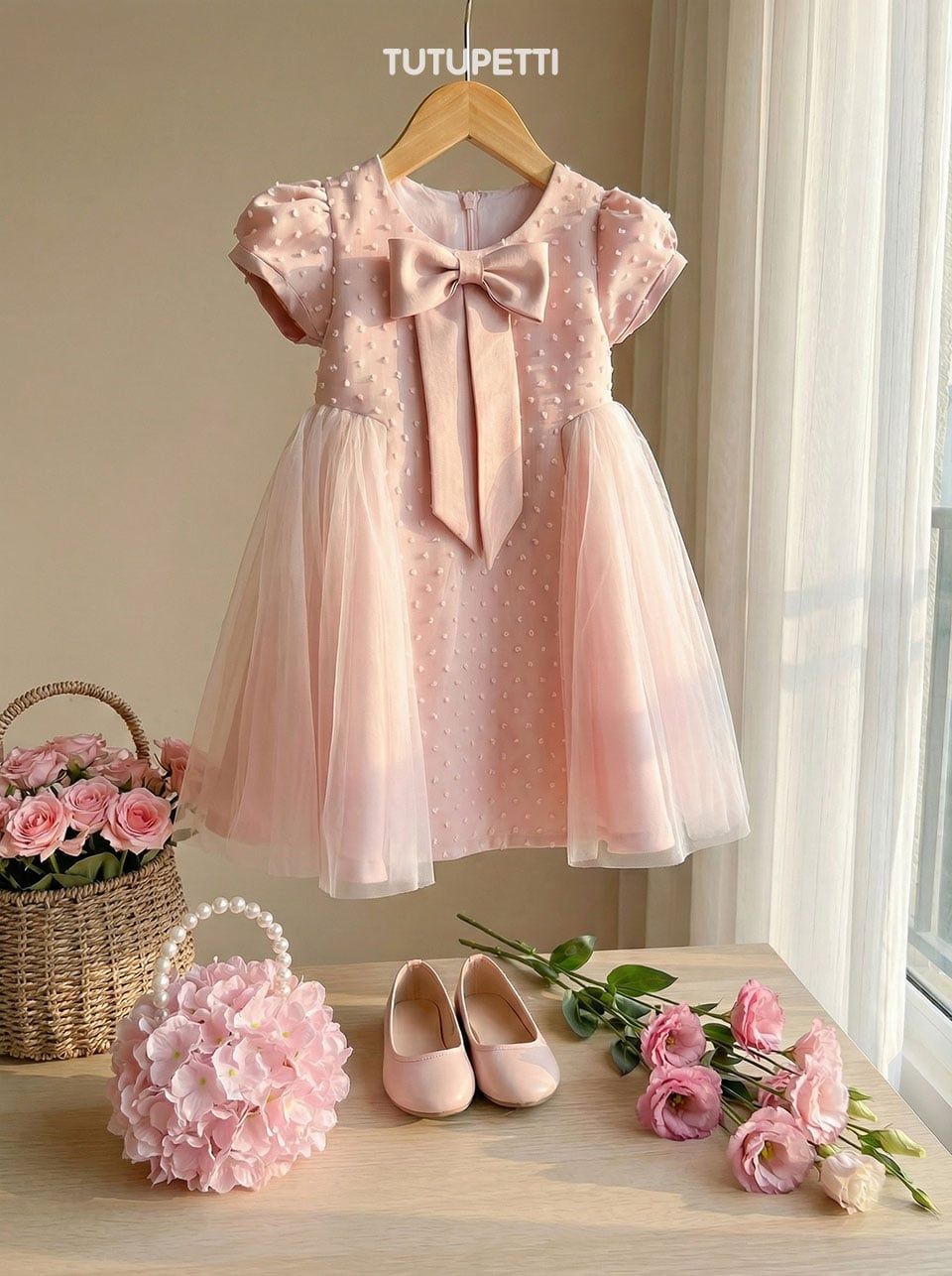  P25_279. Đầm Nơ Chấm Bi Hồng 