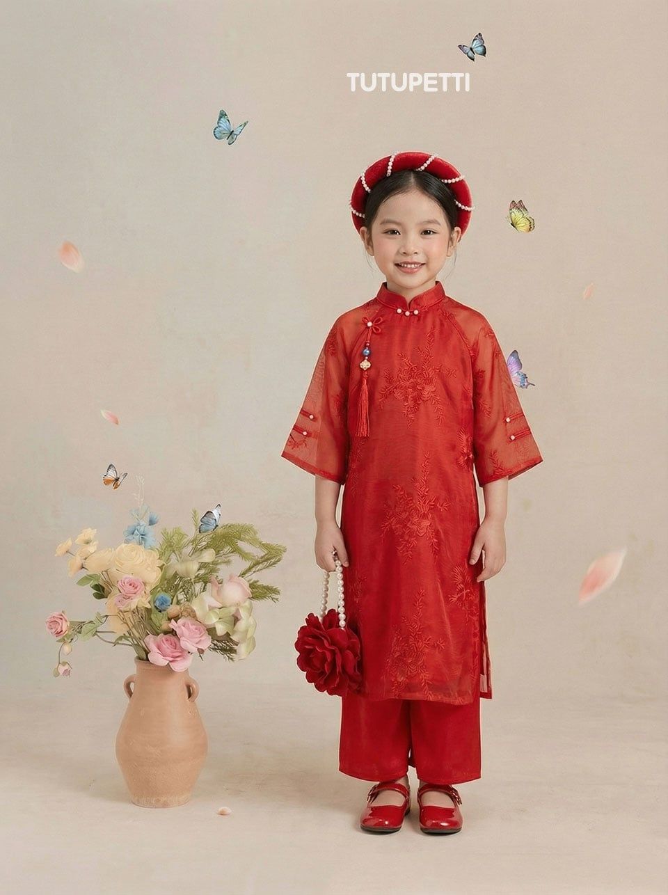  AD26_17. Áo dài Cách Tân Hoa Cúc Đỏ 