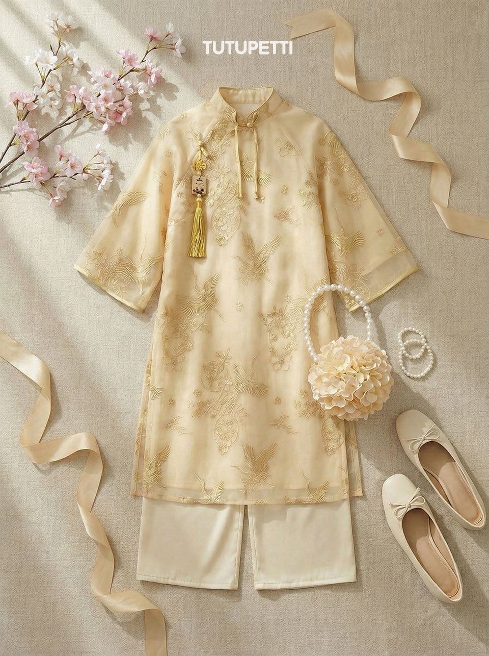  AD26_08. Áo Dài Cách Tân Vân Hoa Vàng 