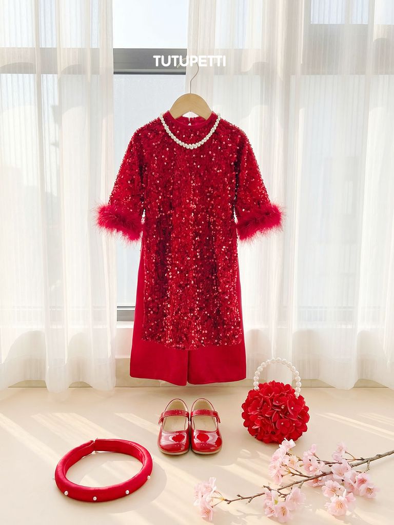  AD26_23. Áo Dài Cách Tân Kimsa Lông Vũ Đỏ 