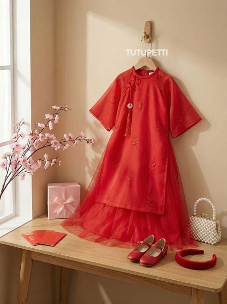  AD25_01. Áo Dài Cách Tân Thêu Hoa Đỏ 