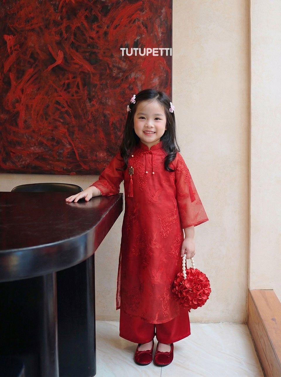  AD26_08. Áo Dài Cách Tân Vân Hoa Đỏ 