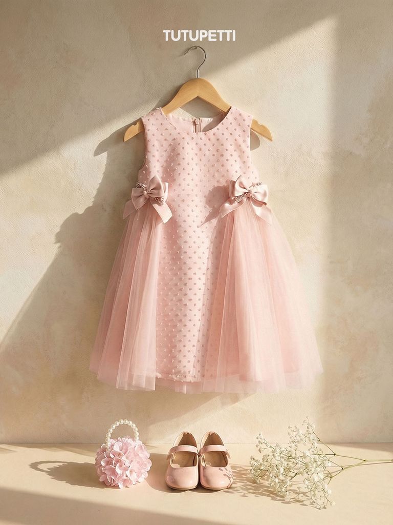  P25_284. Đầm Suông Nơ Chấm Bi Hồng 