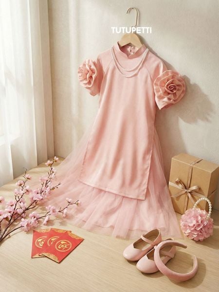  AD21_04. Áo Dài Đính Hoa Cầu Vai Hồng 