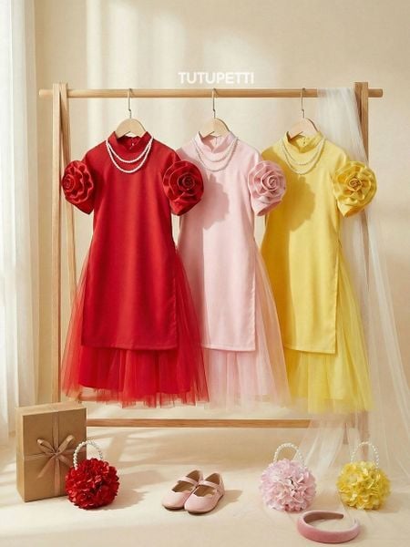  AD21_04. Áo Dài Đính Hoa Cầu Vai Vàng 