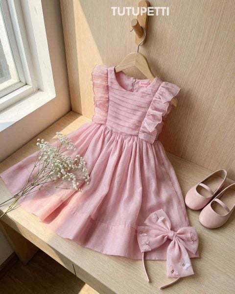  4051.Đầm Tiểu Thư Xếp Pli Cánh Tiên Hồng Ruốc 