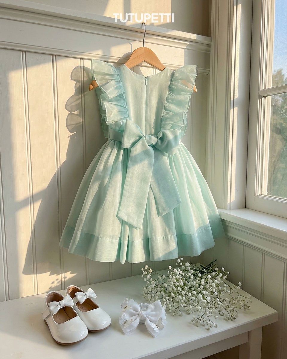  4051.Đầm Tiểu Thư Xếp Pli Xanh 