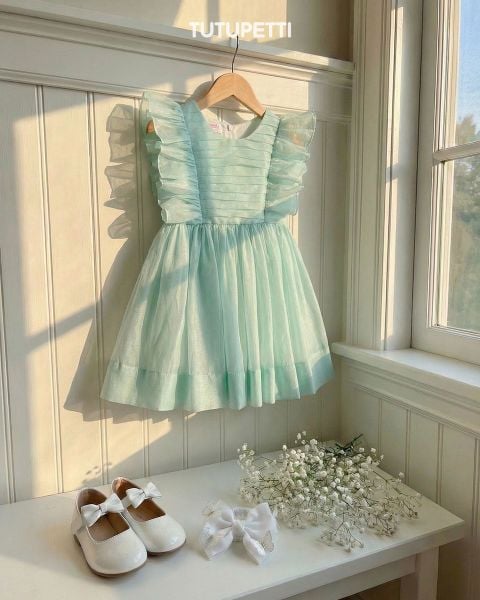  4051.Đầm Tiểu Thư Xếp Pli Xanh 