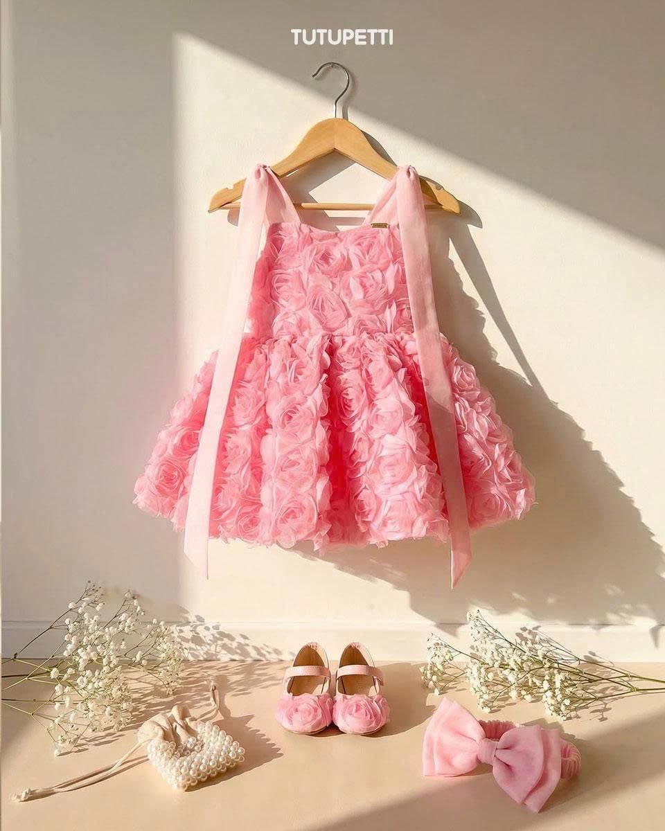  P26_23. Đầm Công Chúa Hoa Hồng 3D Đính Nơ 