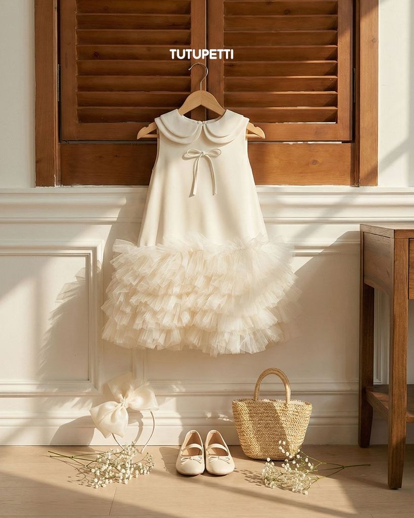  P26_26_C. Đầm Tiệc Suông Hàn Quốc Kem 