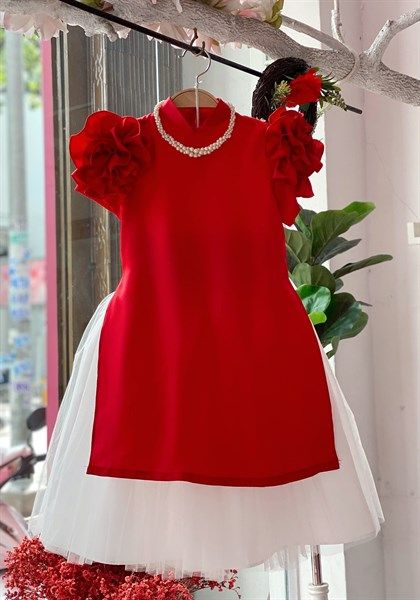  AD21_04. Áo Dài Đính Hoa Cầu Vai Đỏ 