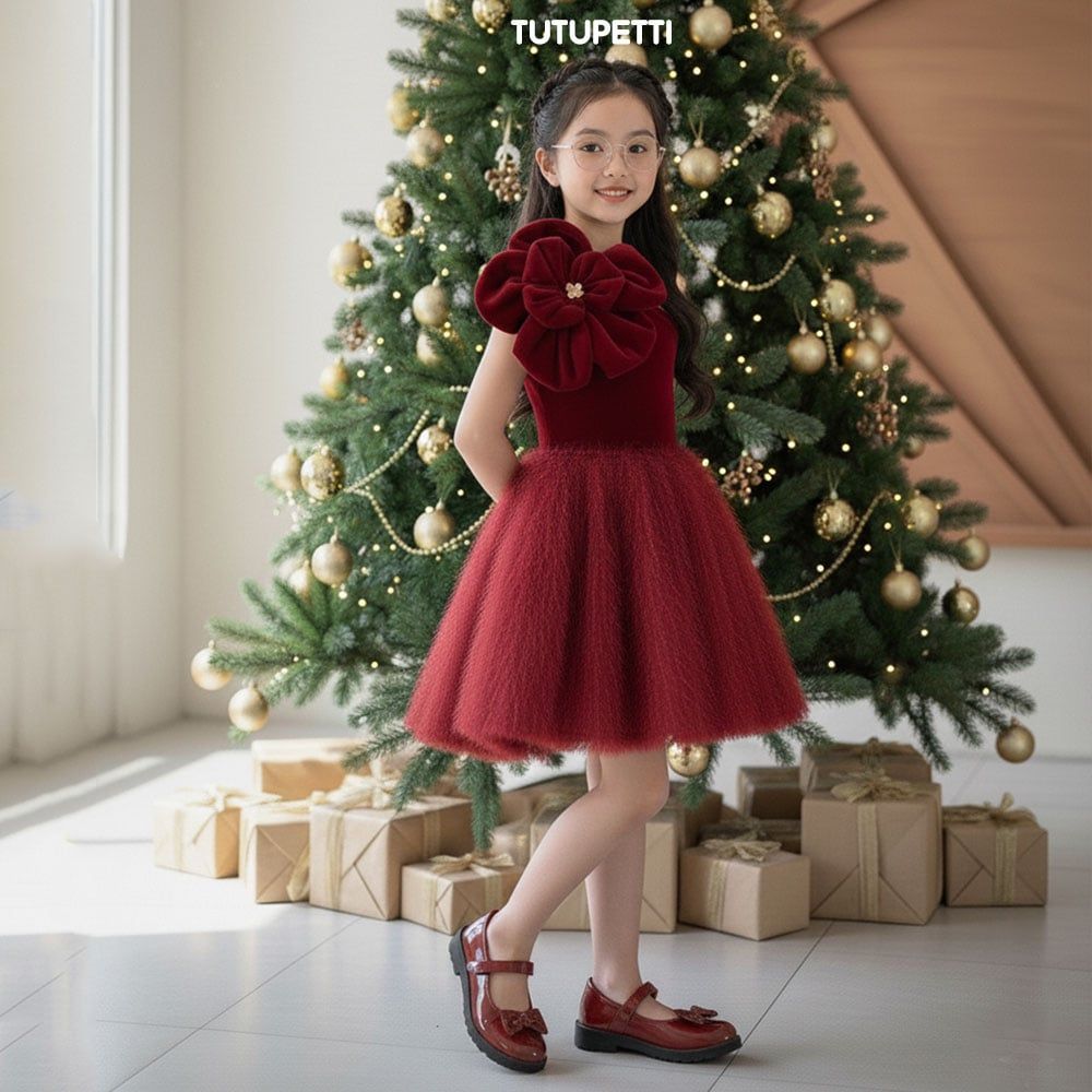  P25_256. Đầm Công Chúa Đính Hoa Đỏ 