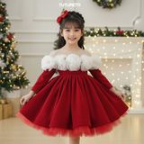  P25_257. Đầm Công Chúa Vai Hoa Trắng Đỏ 