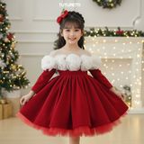  P25_257. Đầm Công Chúa Vai Hoa Trắng Đỏ 