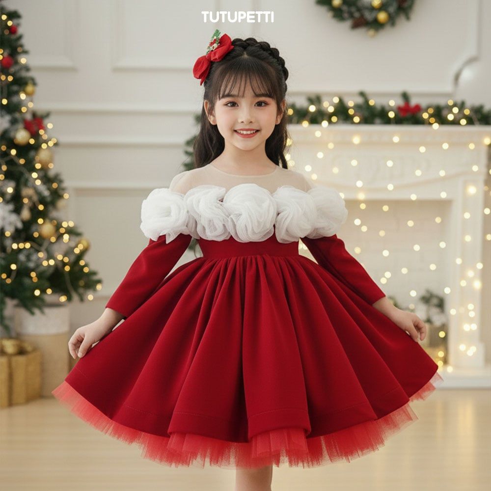  P25_257. Đầm Công Chúa Vai Hoa Trắng Đỏ 