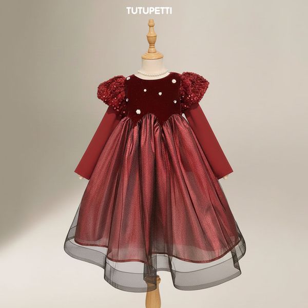  P25_248. Đầm Dạ Hội Tay Dài Nhung Đỏ 