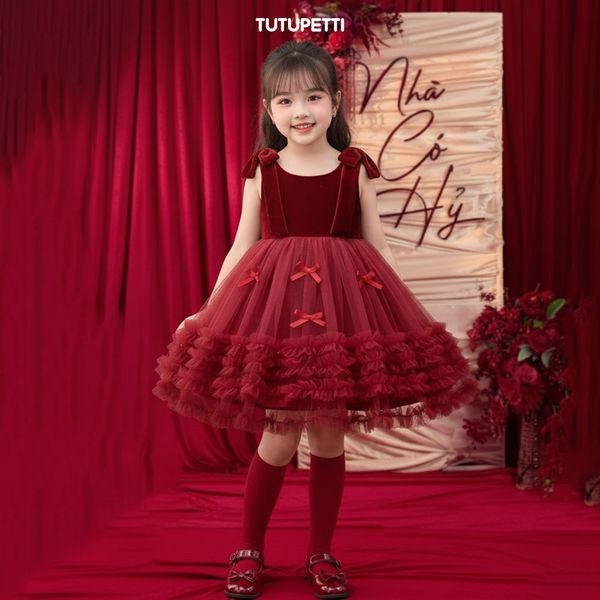  P25_223. Đầm Công Chúa Tầng Nơ Đỏ 