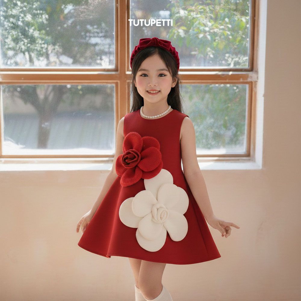  P25_252. Đầm Tiểu Thư Suông Hoa Đỏ 