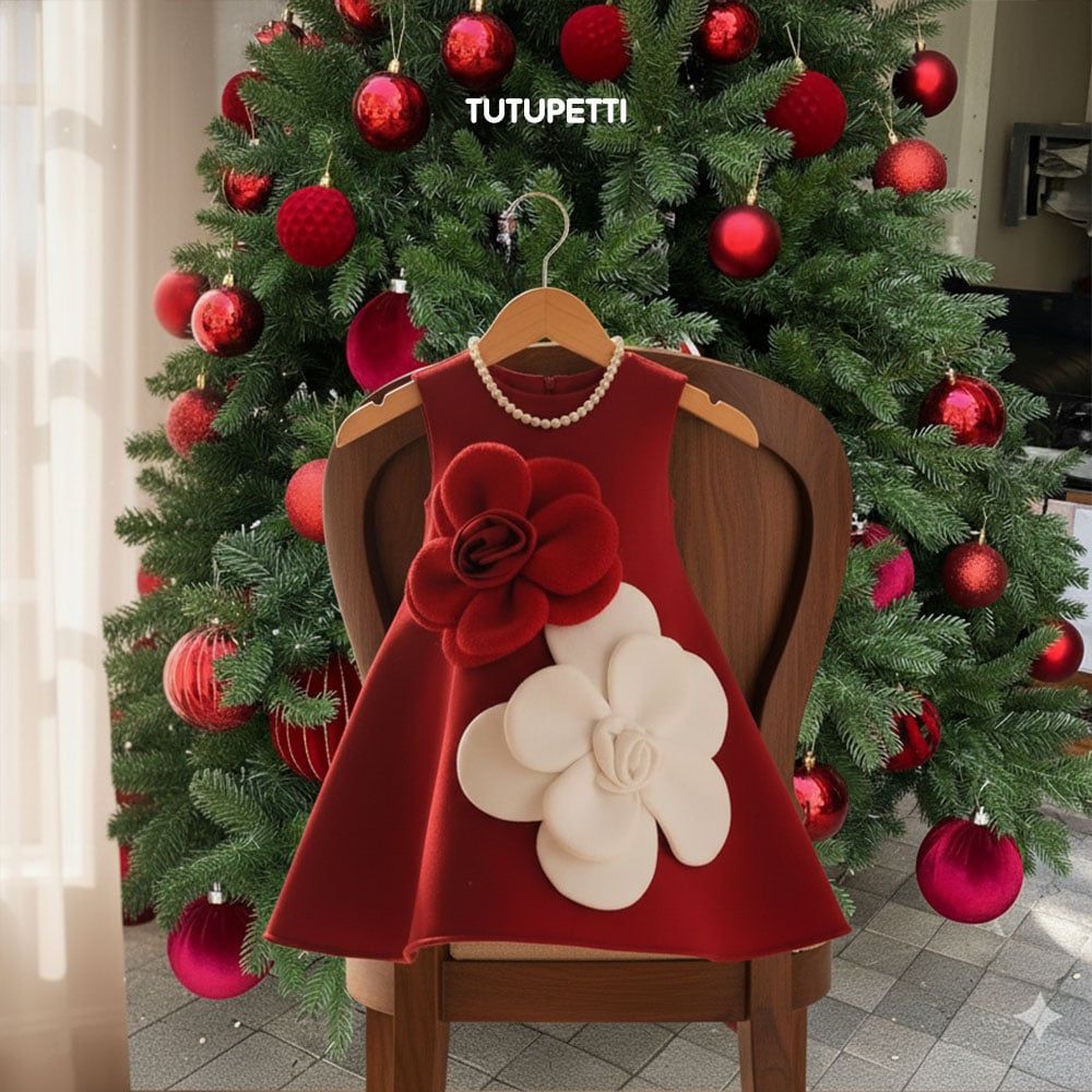  P25_252. Đầm Tiểu Thư Suông Hoa Đỏ 