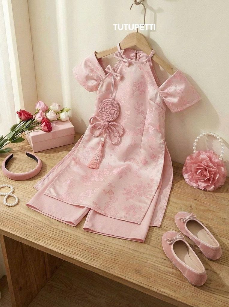  AD26_06. Áo Dài Cách Tân Lụa Yếm Hồng 